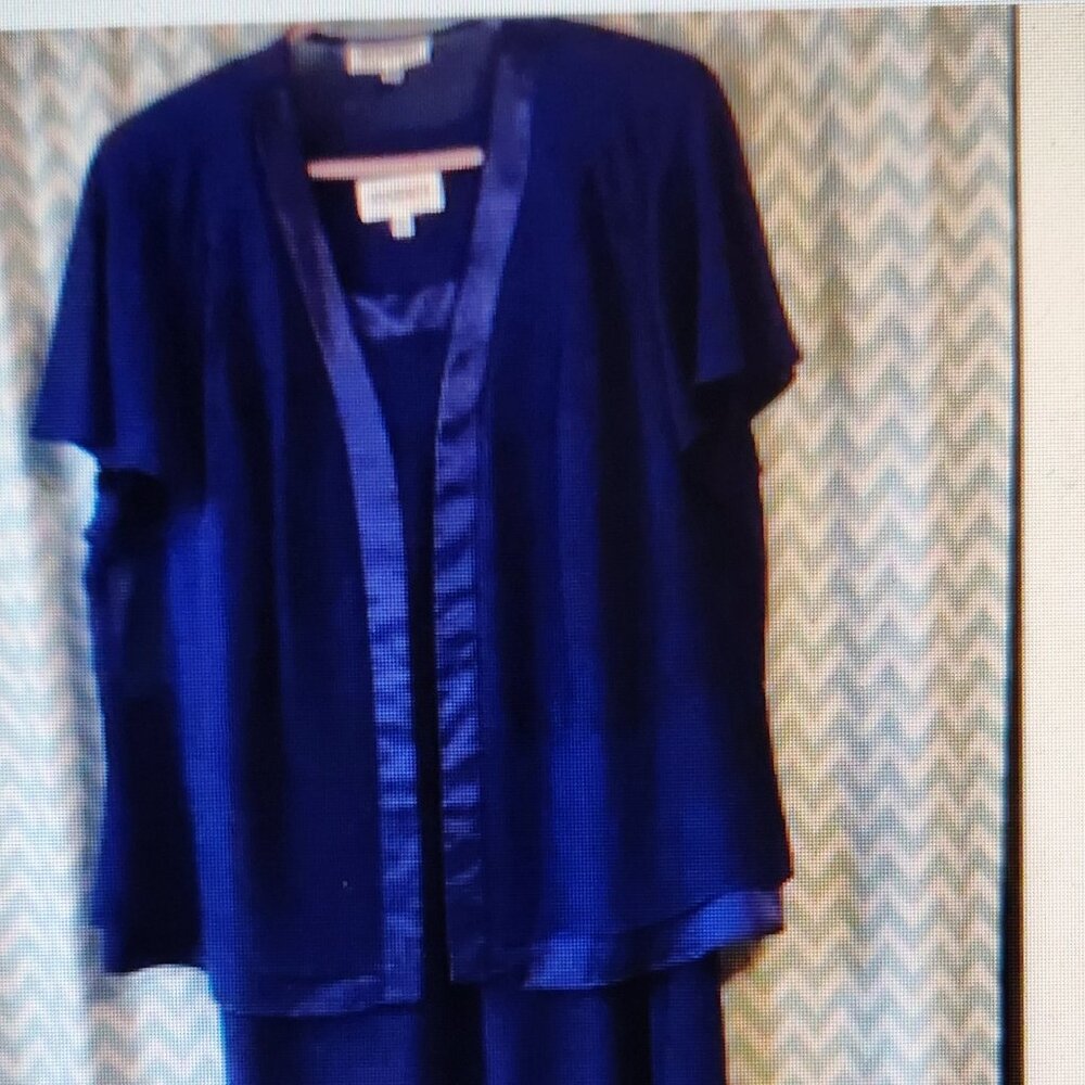 Studio 1 plus size women’s 2 piece satin trimmed dress set sheer cover up blue
